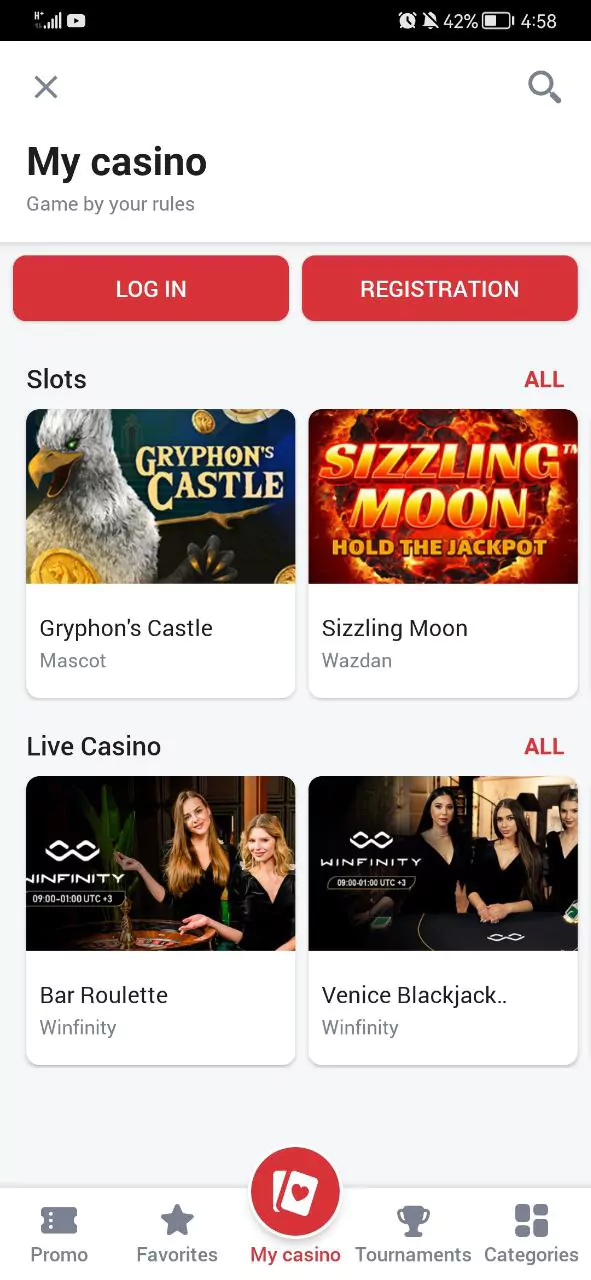 888Starz app casino section.