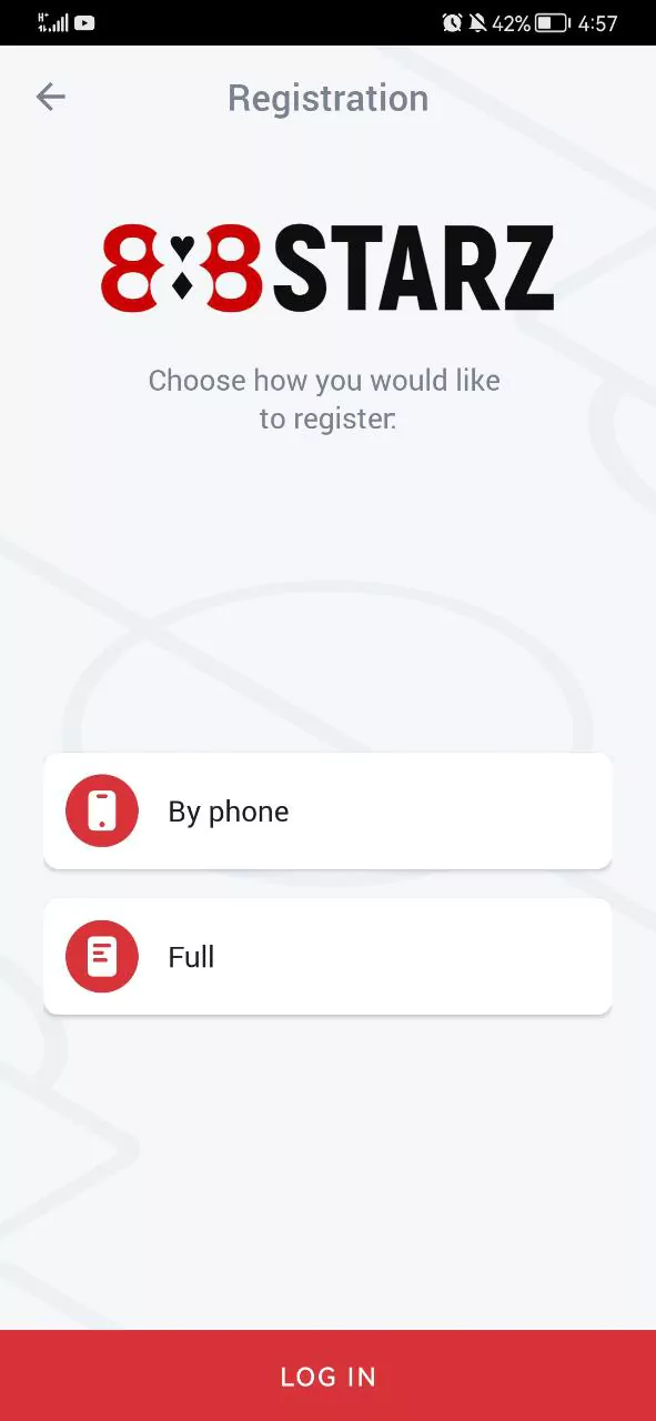 888Starz app registration and login section.
