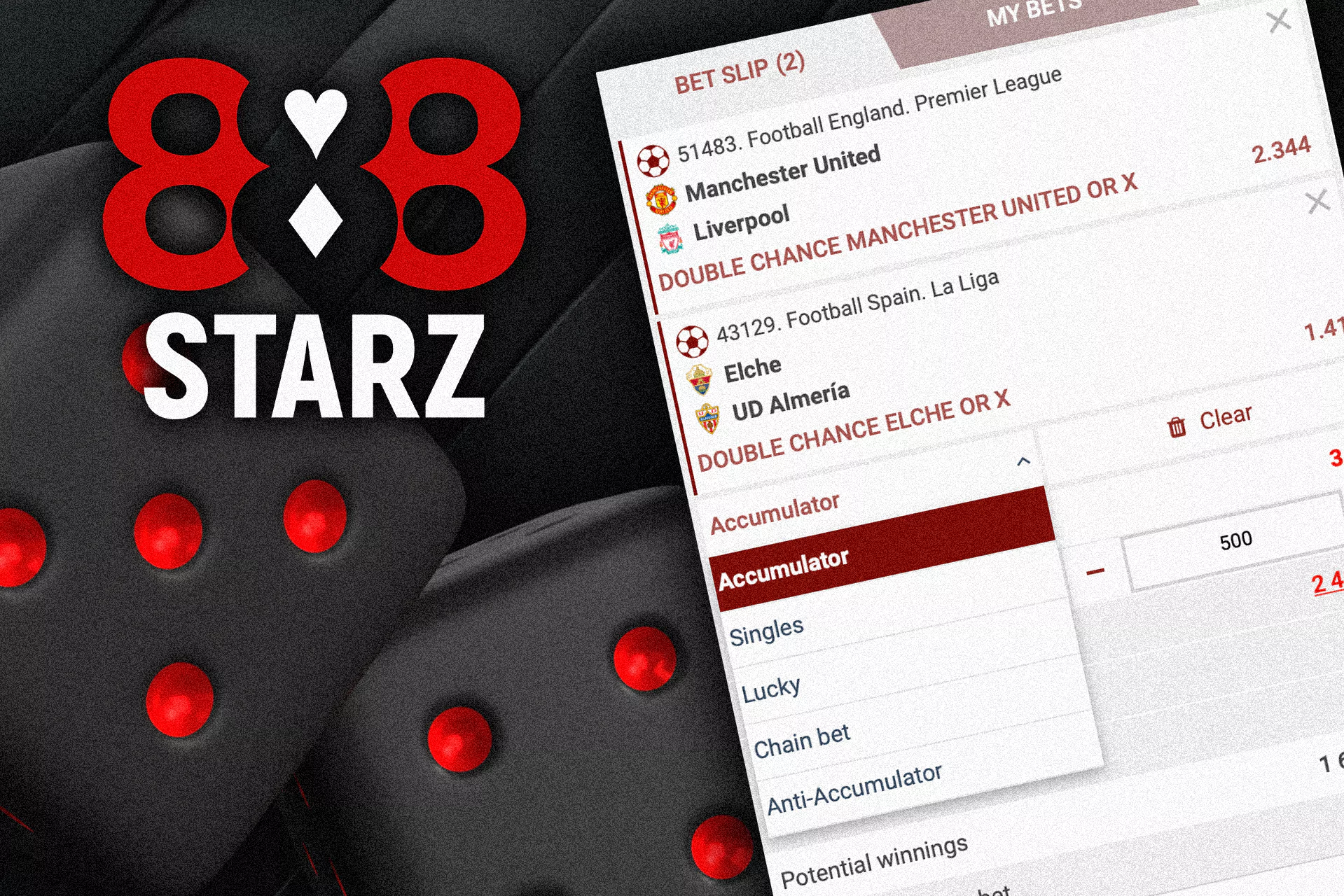 Click on any match at 888starz and choose the type of bet you want to place.
