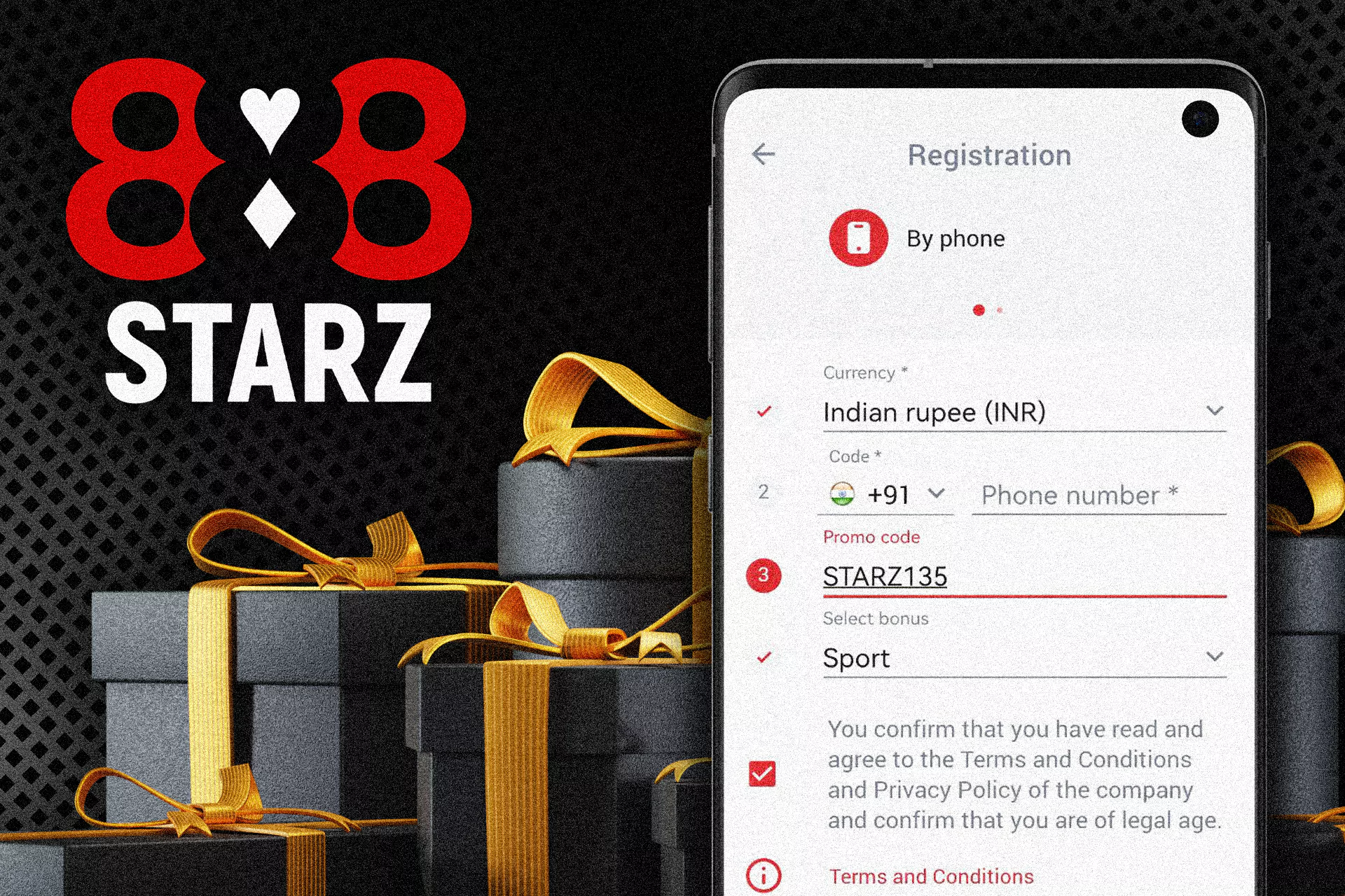 Use a promo code when you sign up at 888Starz to increase your bonus.